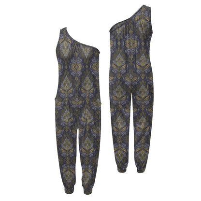 Patterned one-shoulder jumpsuit on a white background.