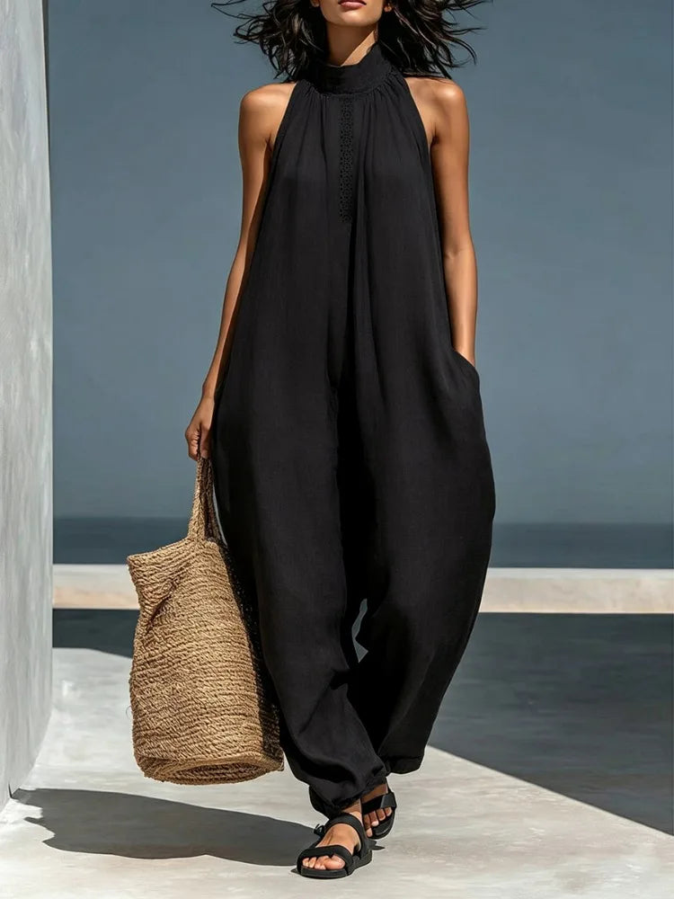 Halter Neck Lace Trim Wide-Leg Jumpsuit