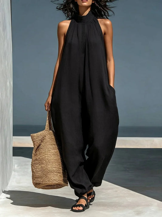 Halter Neck Lace Trim Wide-Leg Jumpsuit