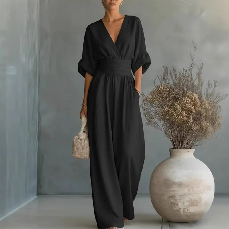 Deep V Wrap Wide Leg Jumpsuit