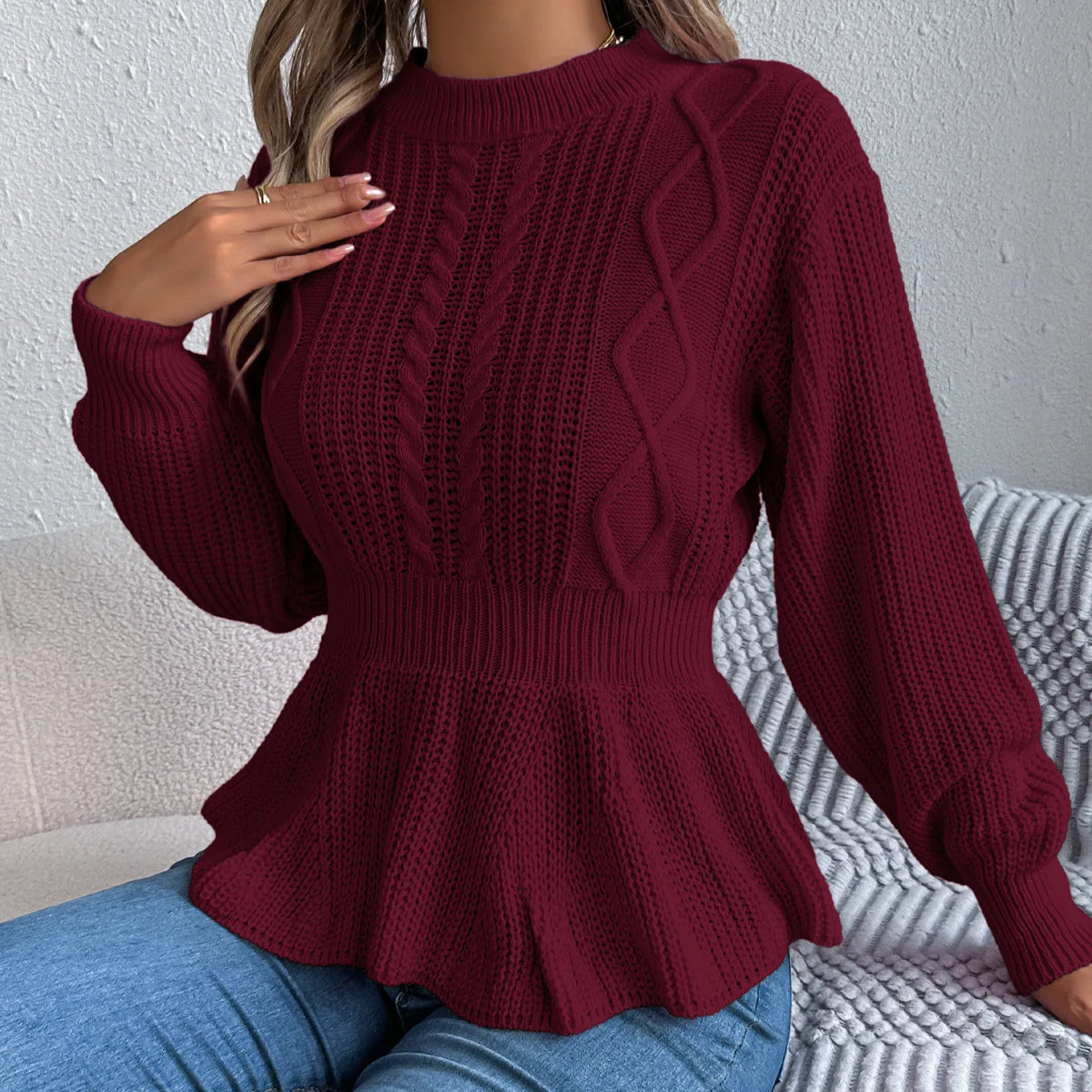 Chic Peplum Cable Knit Pullover Sweater