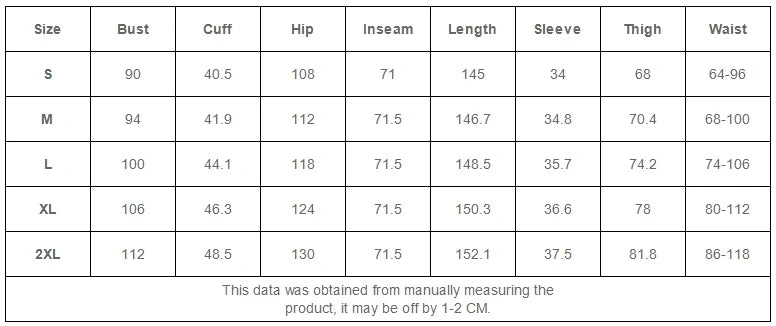 Measurement chart for clothing sizes with various dimensions.