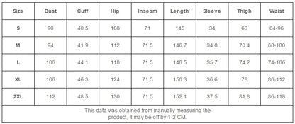 Measurement chart for clothing sizes with various dimensions.