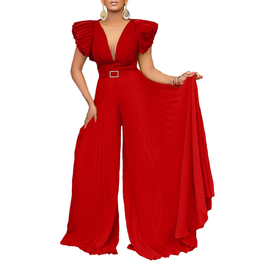 Pleated Flutter-Sleeve Wide Leg Jumpsuit