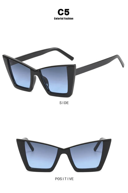 Two views of black cat-eye sunglasses with blue gradient lenses on a white background, labeled 'C5 Colorful Fashion', 'SIDE', and 'POSITIVE'.