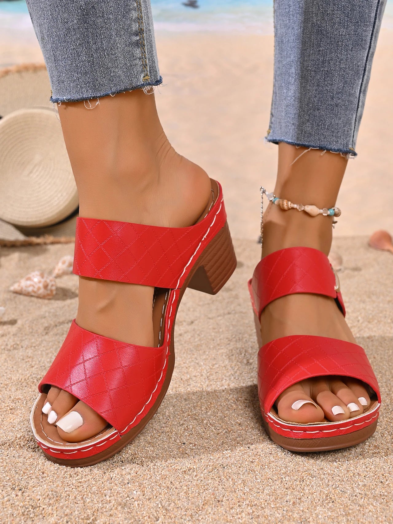 Quilted Strap Block Heel Slide Sandals