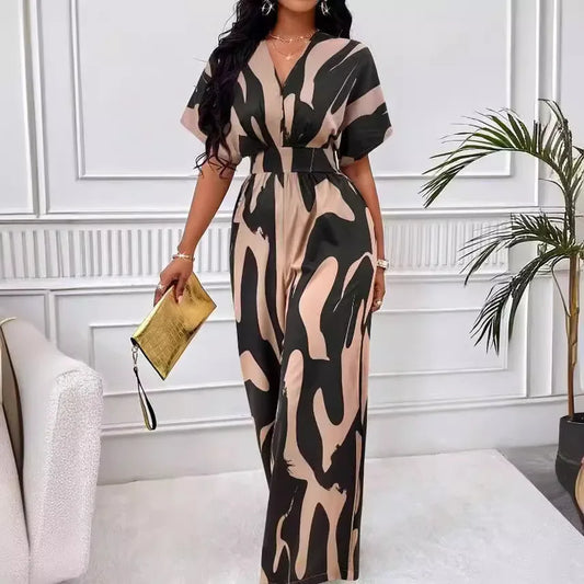 Elegant Printed Batwing Sleeve Jumpsuit
