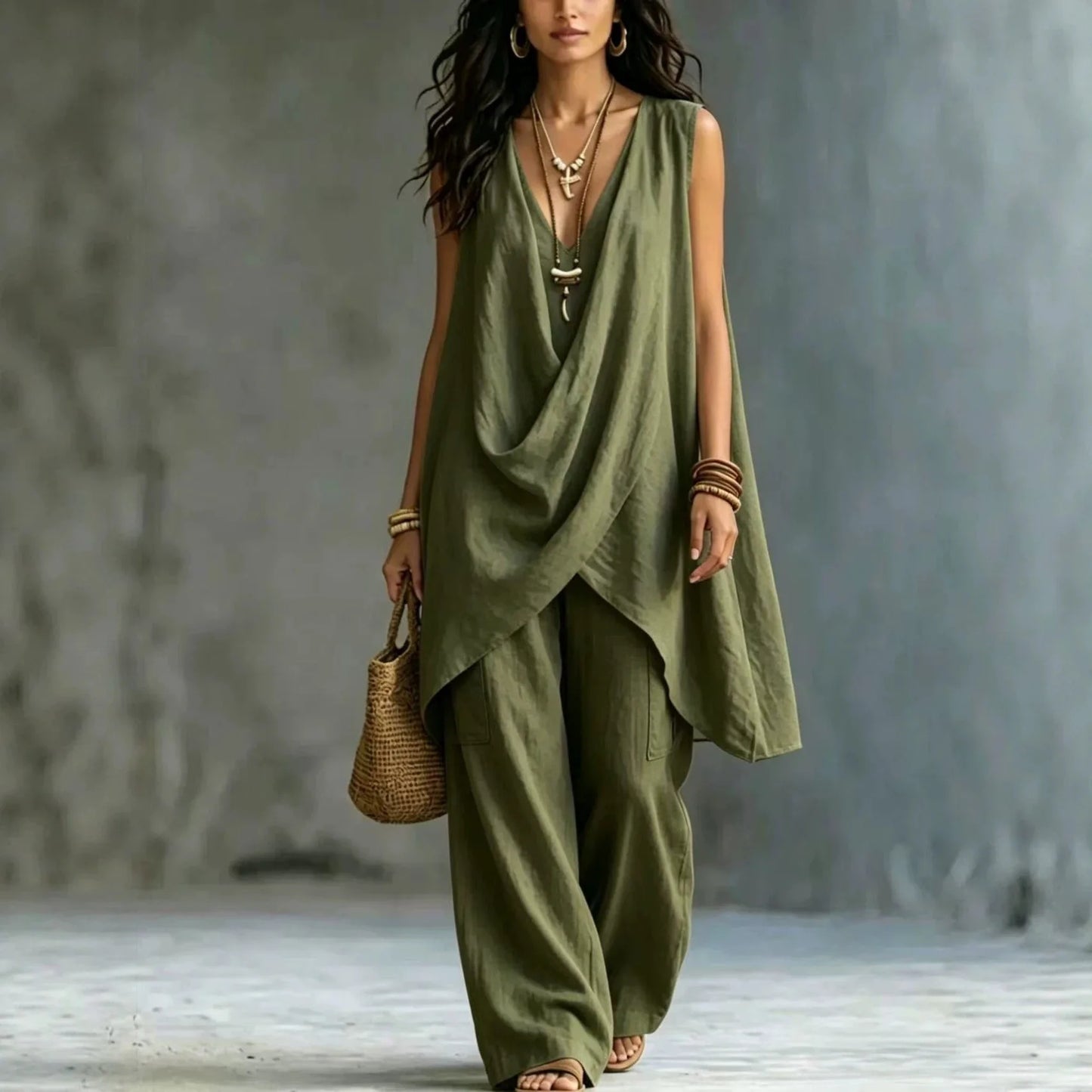 Women's Sleeveless Asymmetrical Linen Blend Set