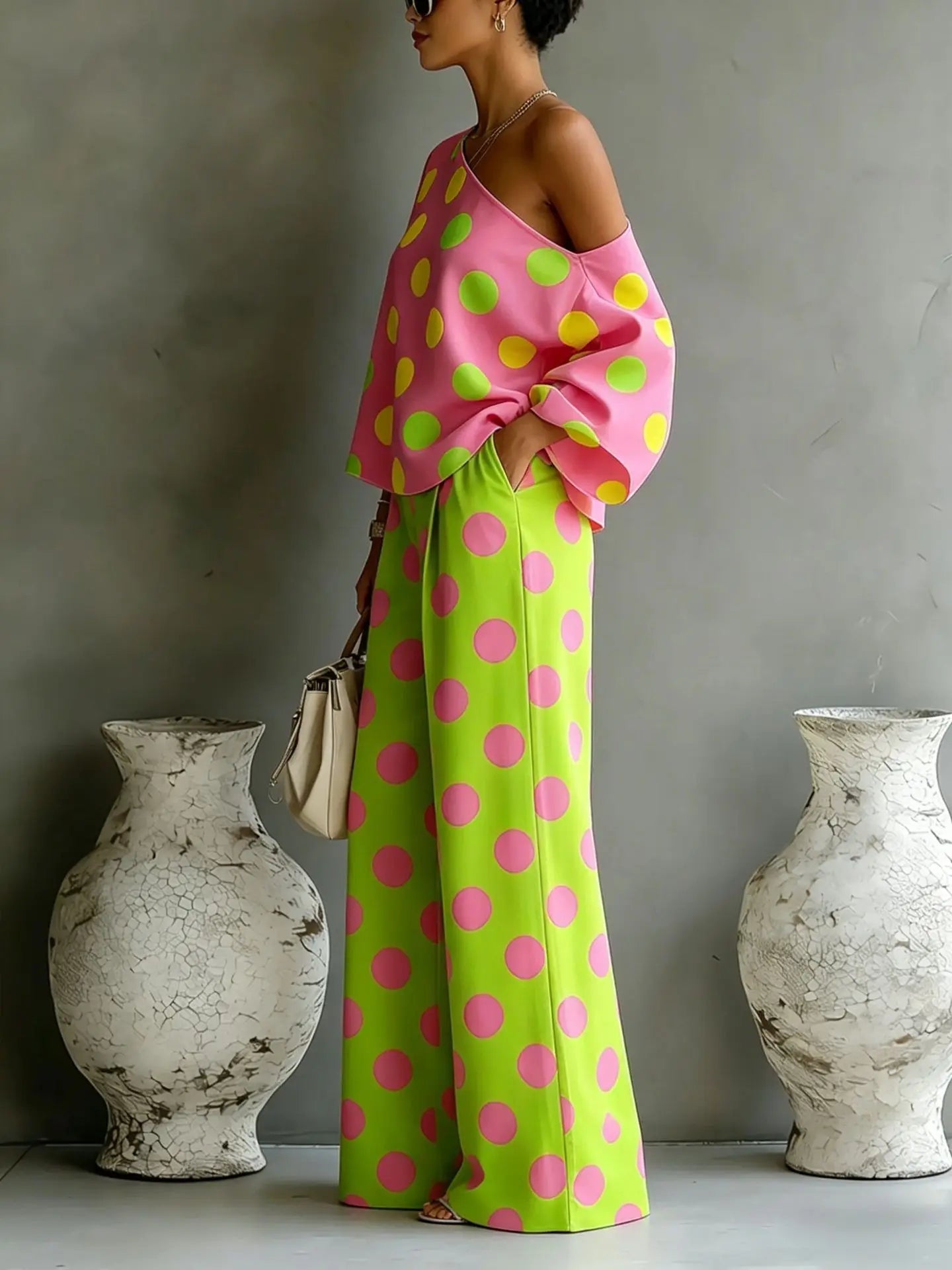 Polka Dot Off Shoulder Wide Leg Pant Set