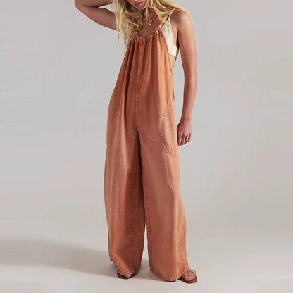 Wide-Leg Denim Overall Jumpsuit