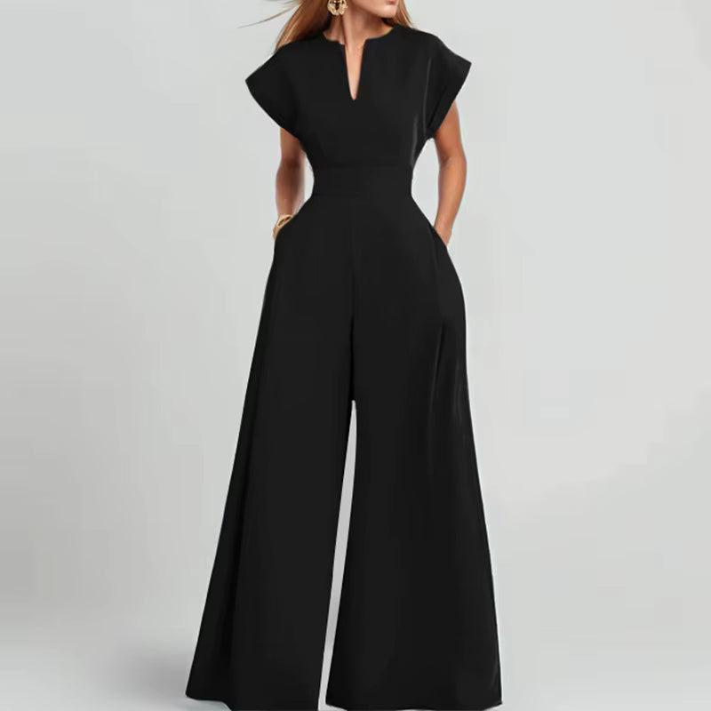 Women's V-Neck Short Sleeve High Waist Wide Leg Jumpsuit