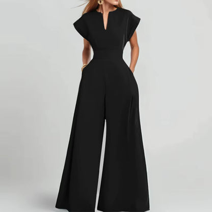 Women's V-Neck Short Sleeve High Waist Wide Leg Jumpsuit