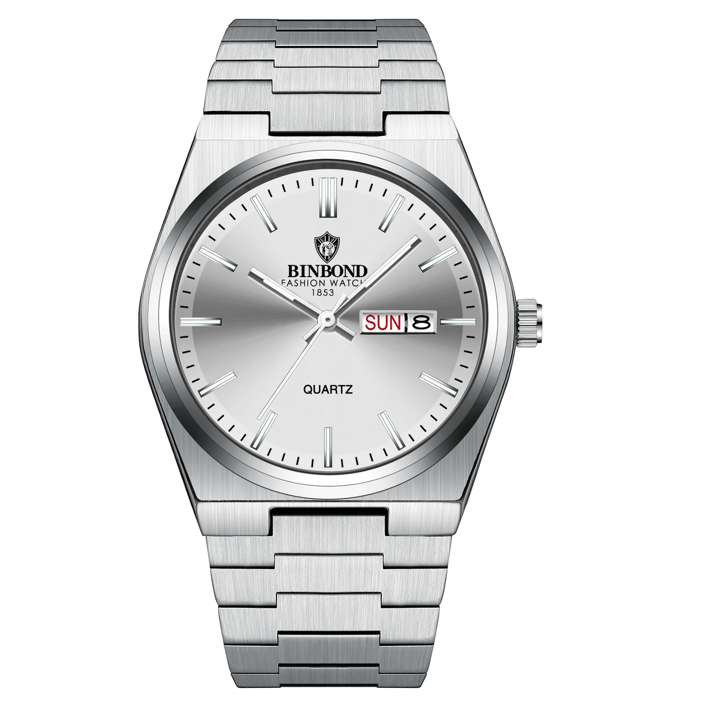Silver watch with a visible brand name on a white background
