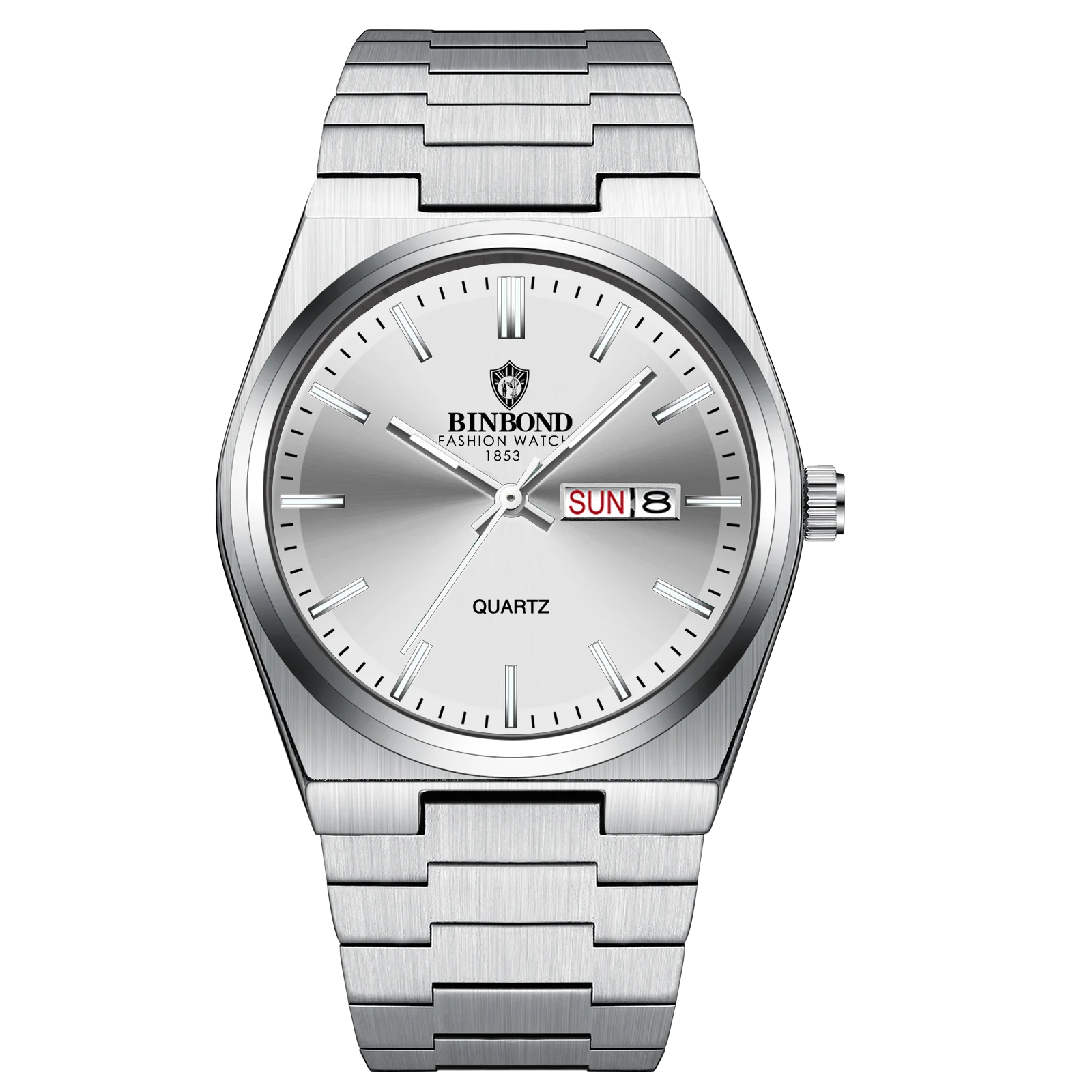 Silver watch with a visible brand name on a white background