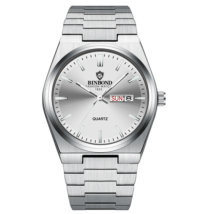 Silver watch with a visible brand name on a white background