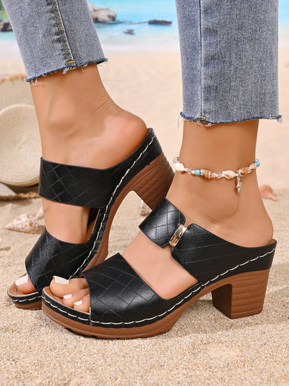 Quilted Strap Block Heel Slide Sandals