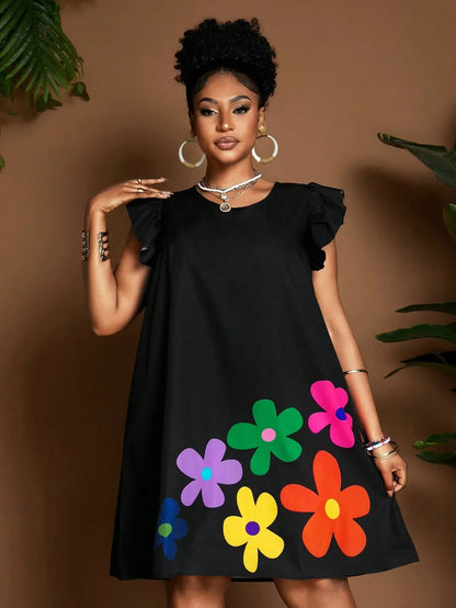 Vibrant Bloom Ruffle Sleeve Dress