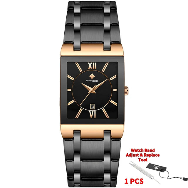 Black and gold watch with WWOOR branding on a white background