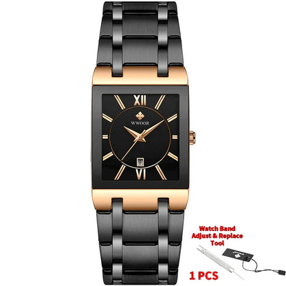 Black and gold watch with WWOOR branding on a white background