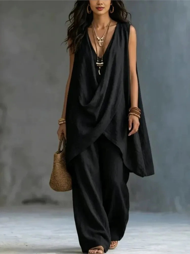 Women's Sleeveless Asymmetrical Linen Blend Set