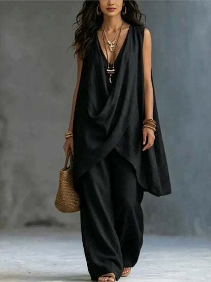 Women's Sleeveless Asymmetrical Linen Blend Set