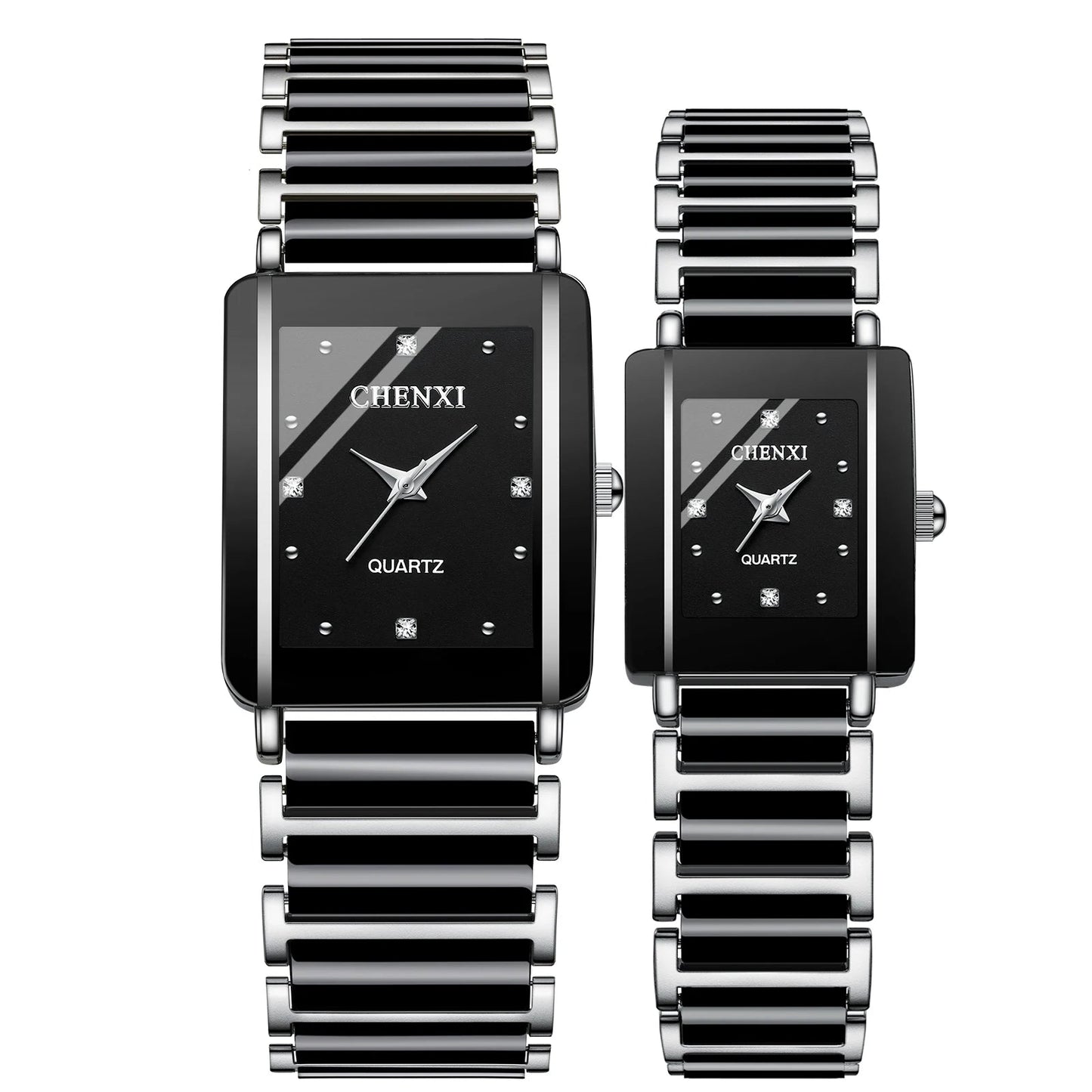 Two CHENXI watches with black faces and silver metal bands on a white background.