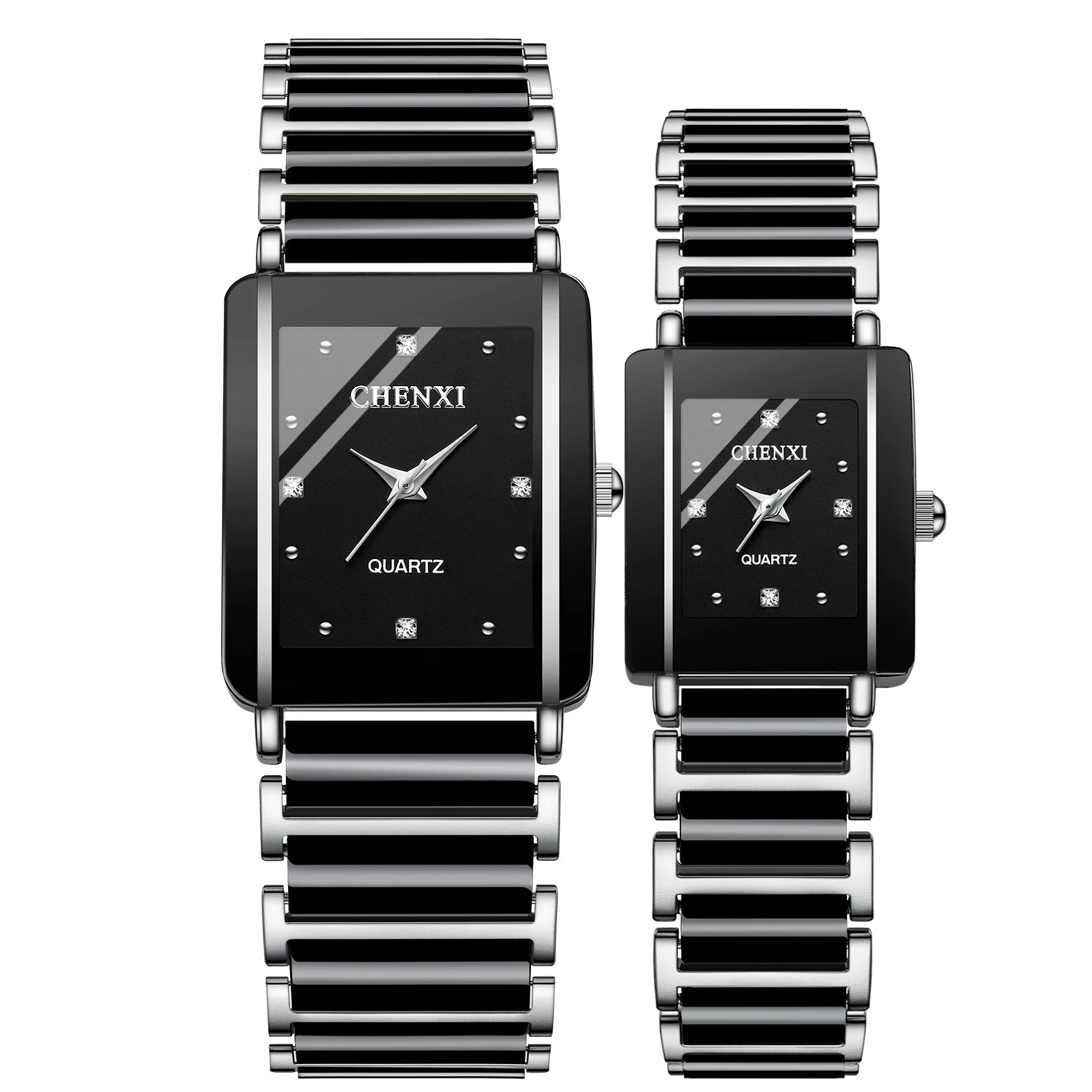 Two CHENXI watches with black faces and silver metal bands on a white background.