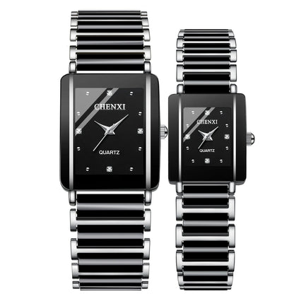 Two CHENXI watches with black faces and silver metal bands on a white background.
