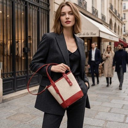 A woman in a dark gray blazer and black top carries a structured tote bag with a beige canvas body and red leather trim and handles, standing on a city street.