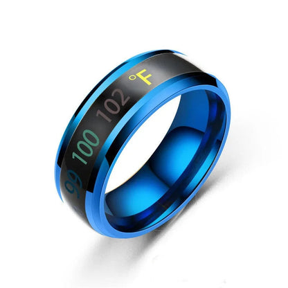 Blue digital ring with temperature display on a white background