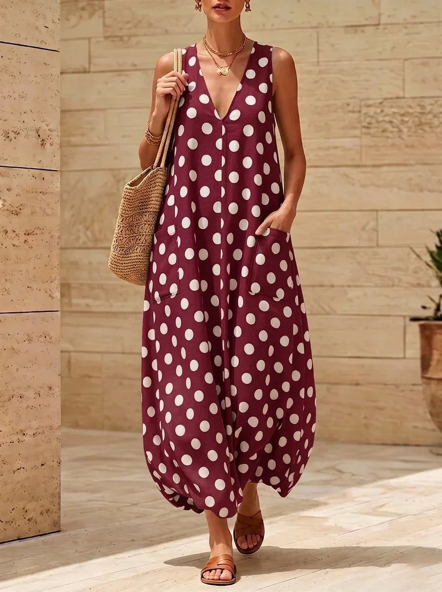 Polka Dot V-Neck Maxi Dress with Pockets