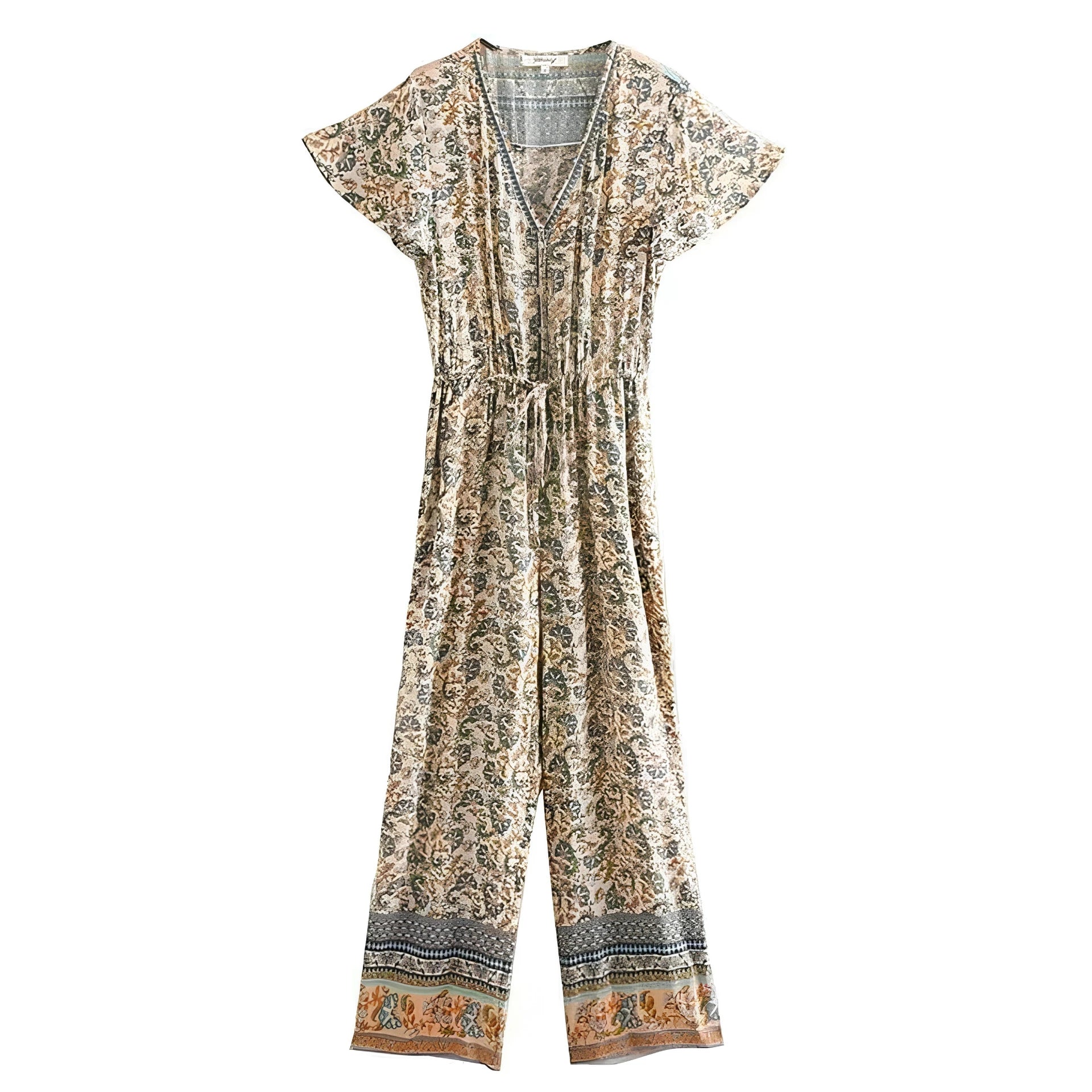 A short-sleeve V-neck jumpsuit with an all-over floral and paisley print in beige, brown, and muted blue, featuring a self-tie waist and patterned cuffs.
