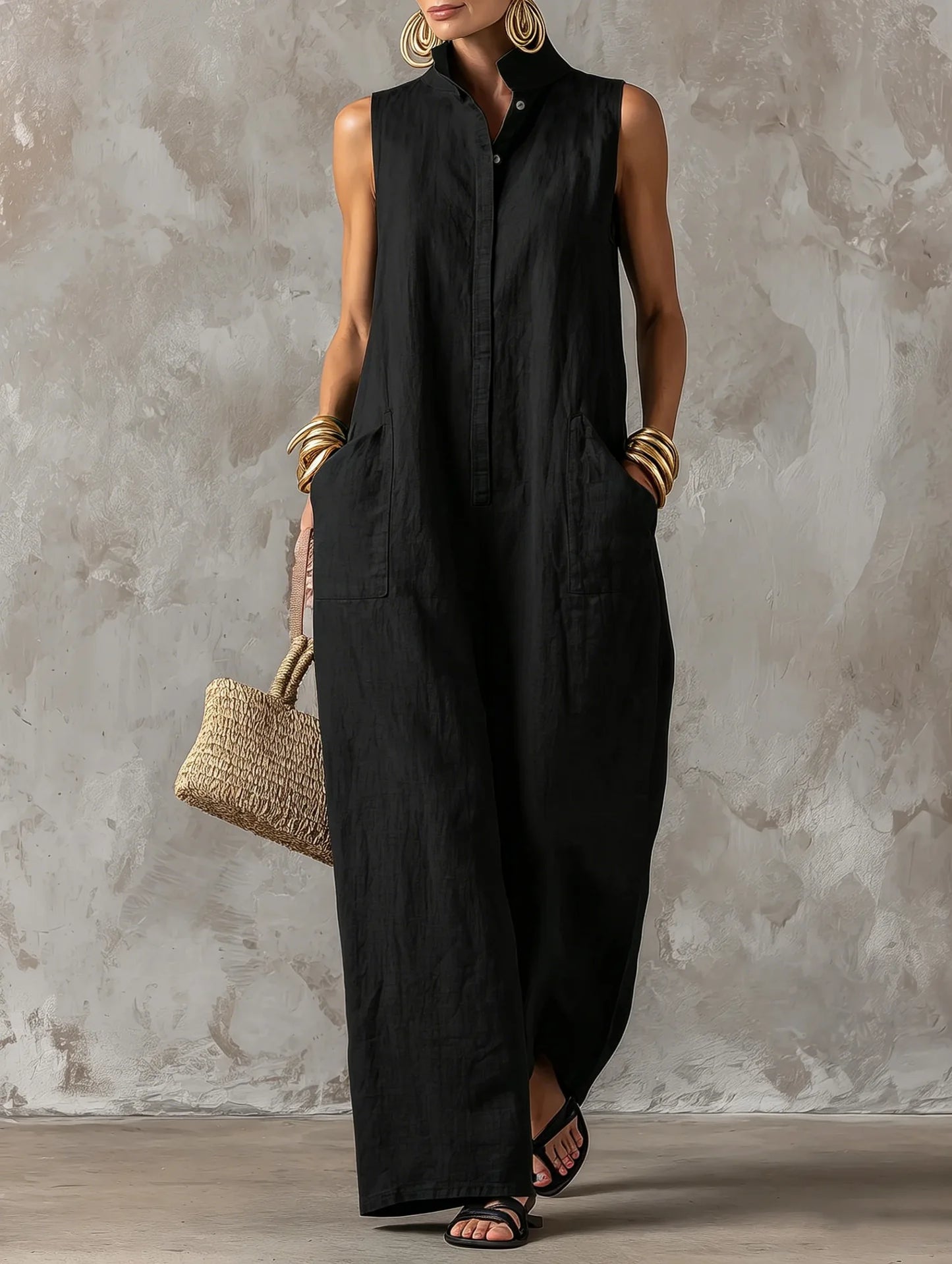 Sleeveless Collared Wide Leg Jumpsuit with Pockets