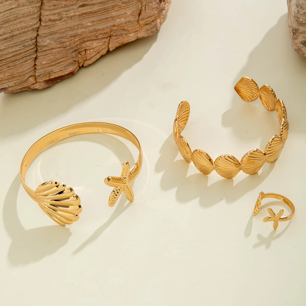 Sculptural Gold Open Cuff & Matching Ring Set