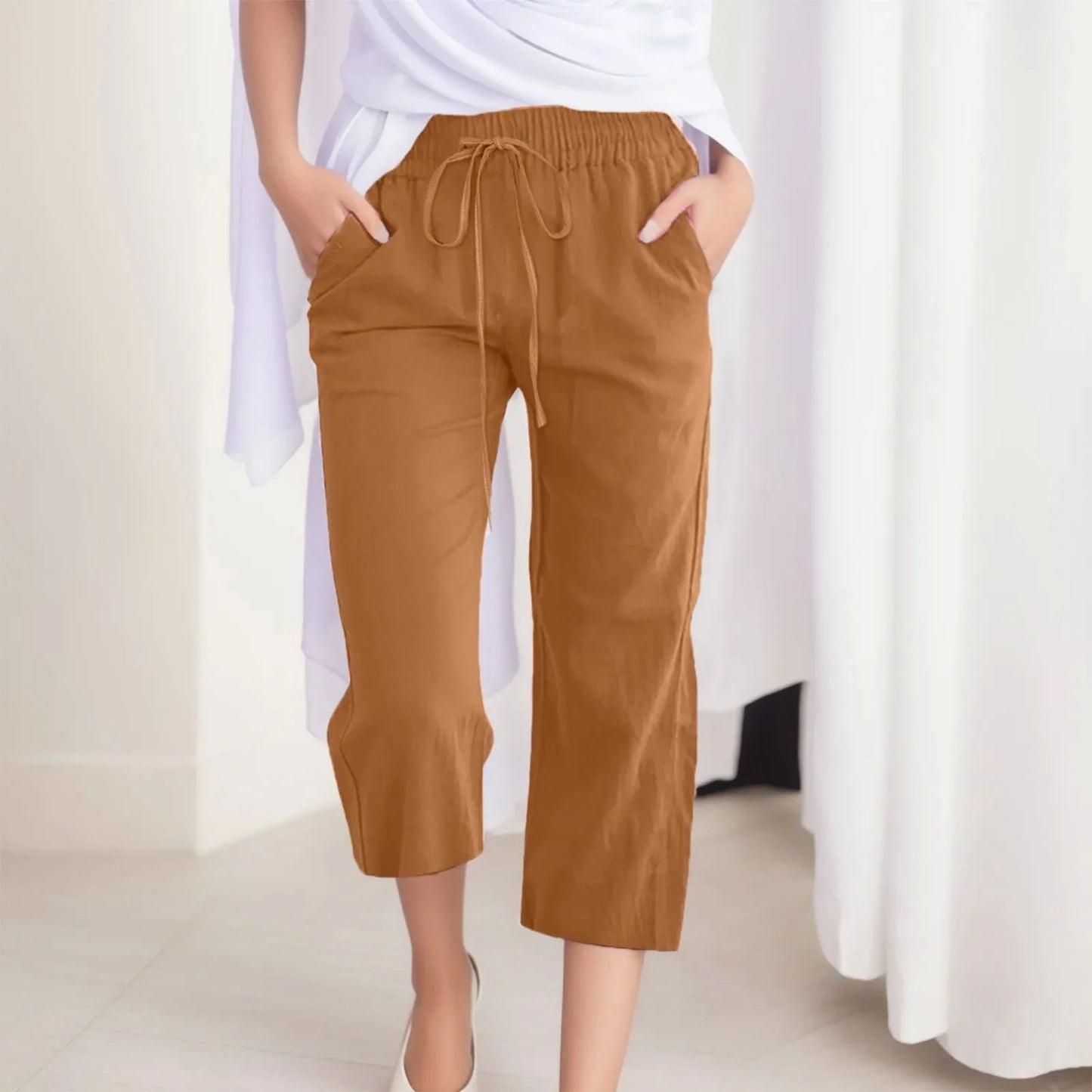 Cotton Linen Capri Pants For Women