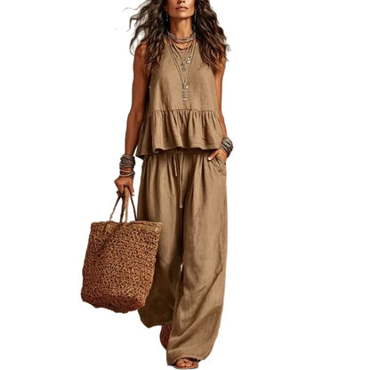 Women's Boho Linen Wide Leg Pant Set