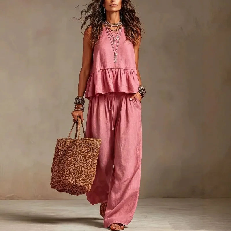 Women's Boho Linen Wide Leg Pant Set