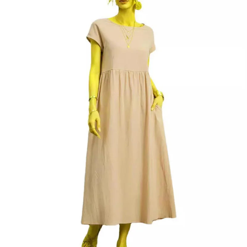 Beige dress with yellow gloves and shoes on a white background