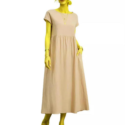 Beige dress with yellow gloves and shoes on a white background