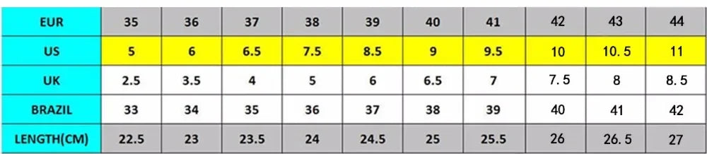 Size chart comparing EUR, US, UK, and BRAZIL size systems with a focus on the 35 to 44 size range.