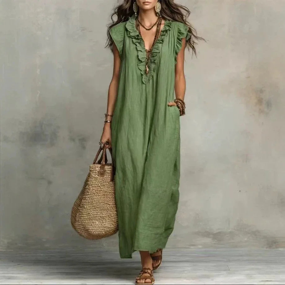 Amara Ruffle V-Neck Maxi Dress