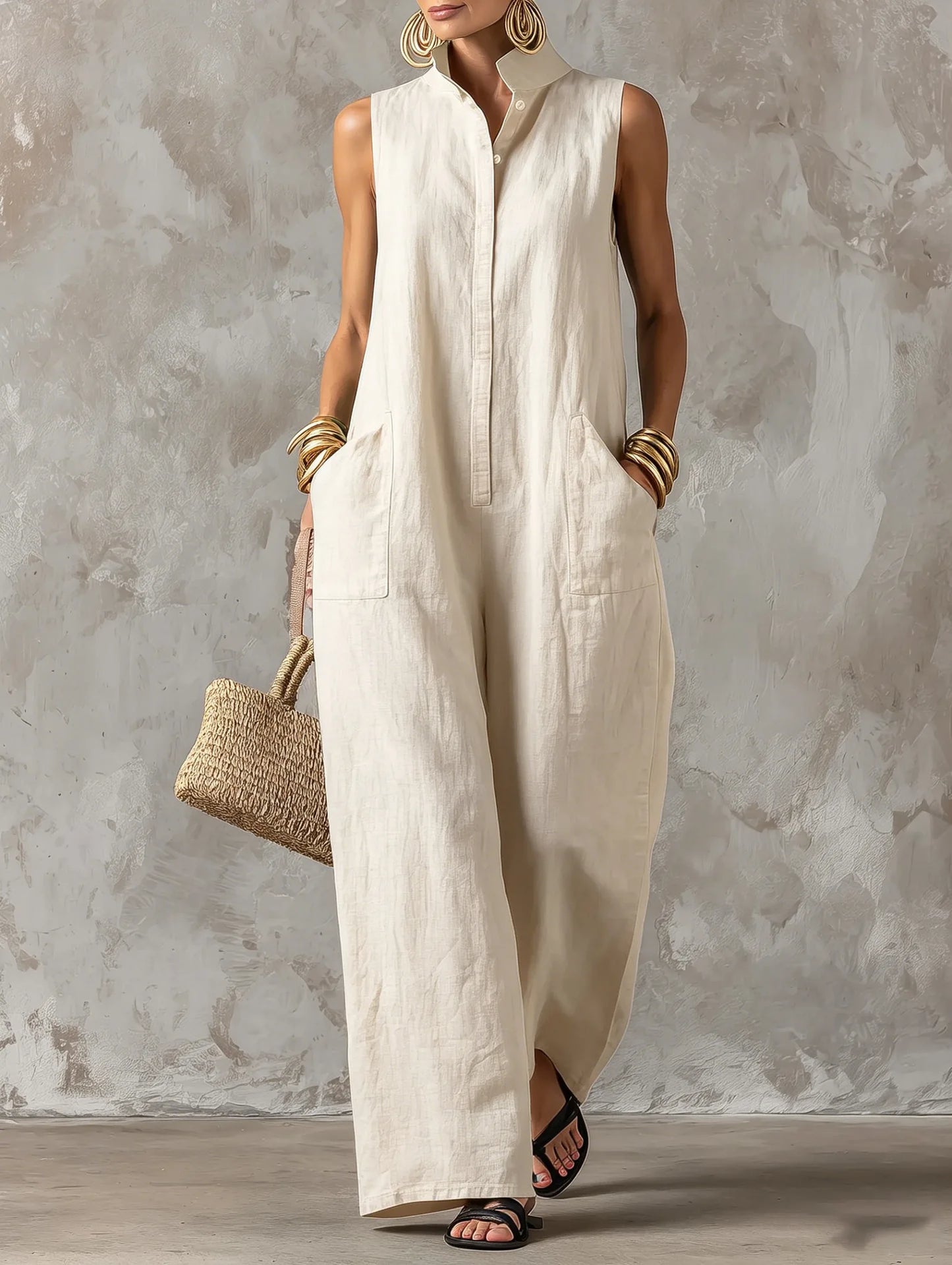 Sleeveless Collared Wide Leg Jumpsuit with Pockets