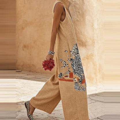 Retro Floral Stand Collar Zipper Wide-Leg Jumpsuit