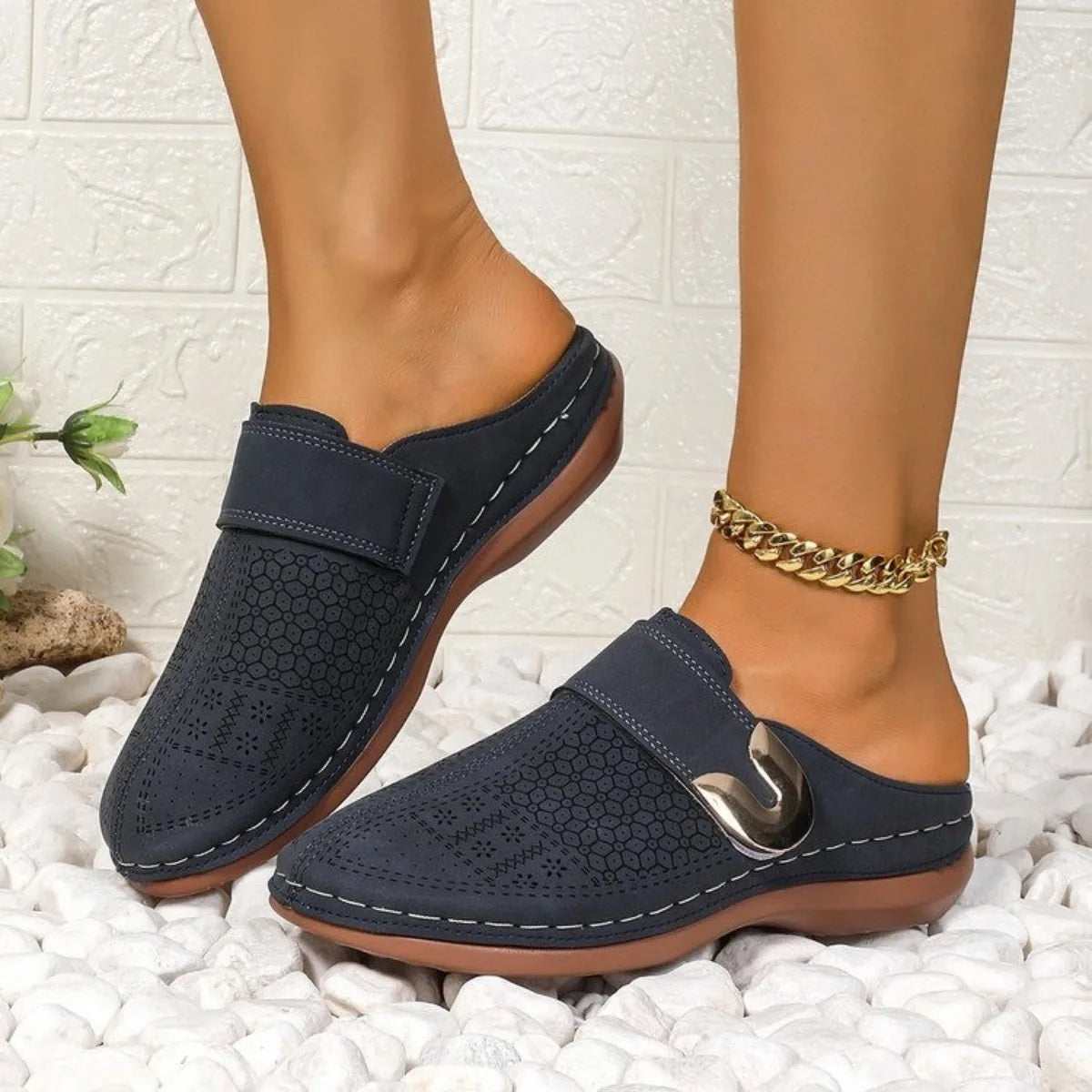 Quilted Buckle Wedge Mule Sandals