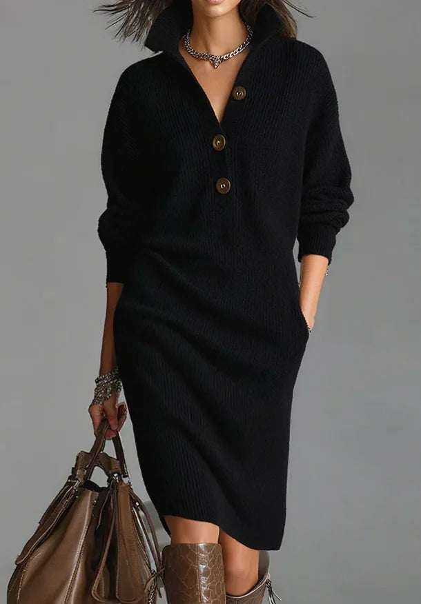 Classic Ribbed Knit Polo Midi Dress