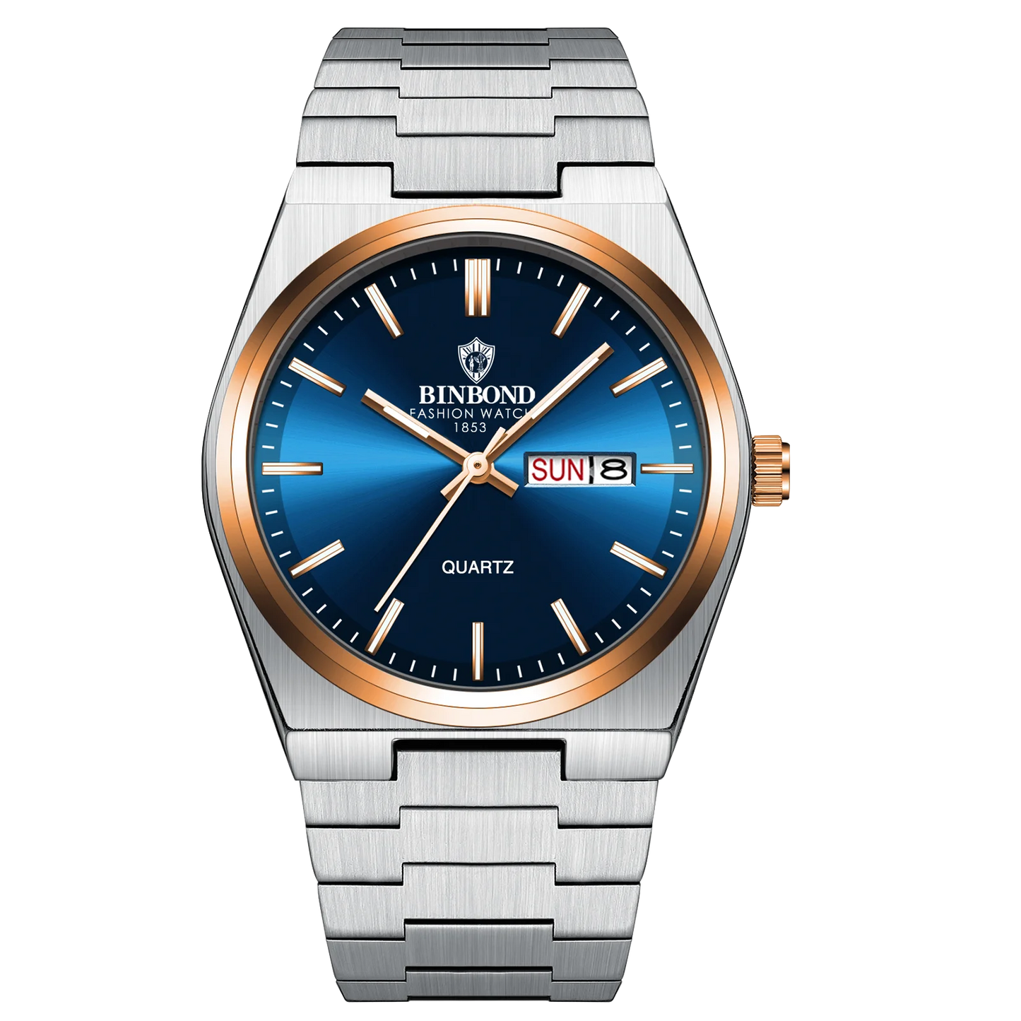Silver watch with blue face and gold accents on a white background