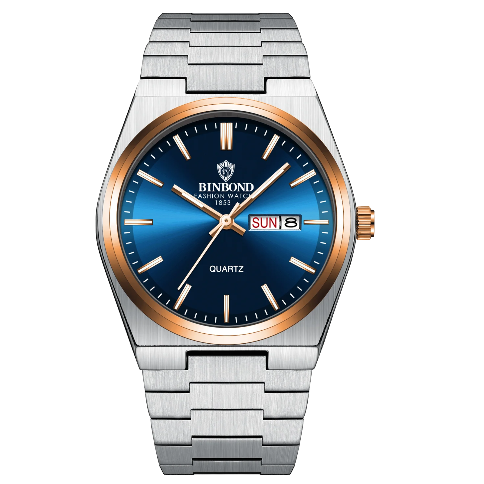 Silver watch with blue face and gold accents on a white background