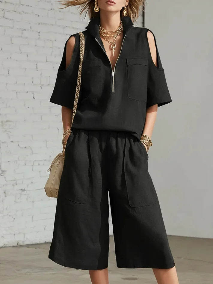 Cold Shoulder Zip Two-Piece Linen Set
