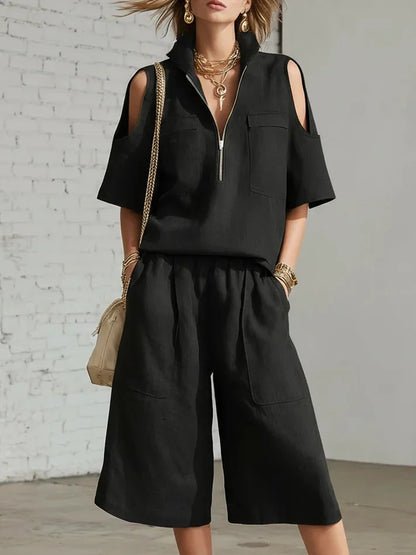 Cold Shoulder Zip Two-Piece Linen Set