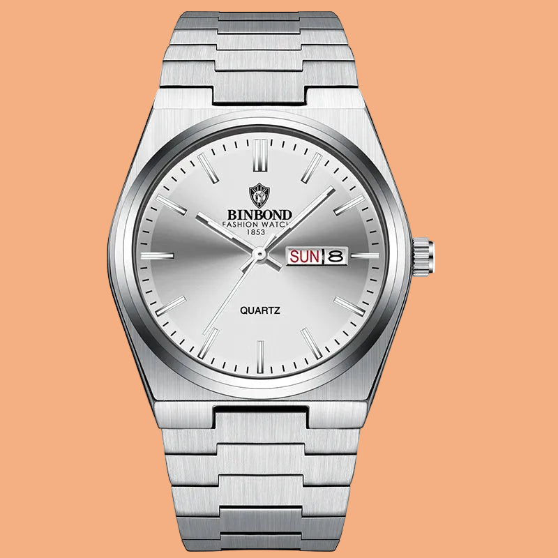 Silver sport watch with quartz movement and calendar function